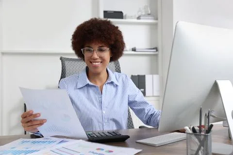 Professional accountant working on computer in office Stock Photos