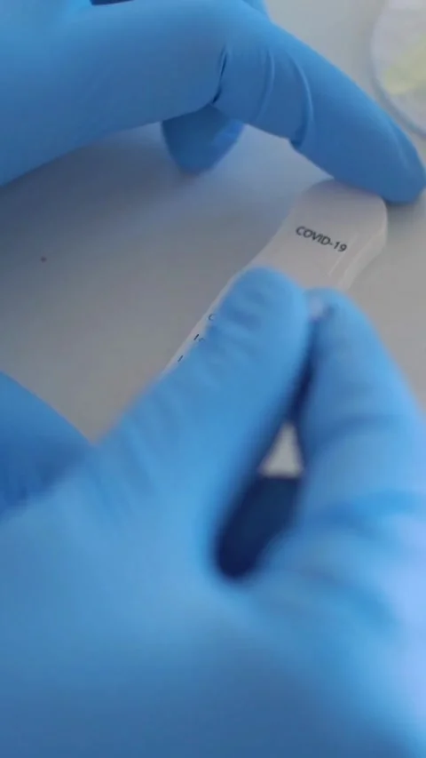 Professional adds blood drop to rapid diagnostic test cassette Video stock 334169612