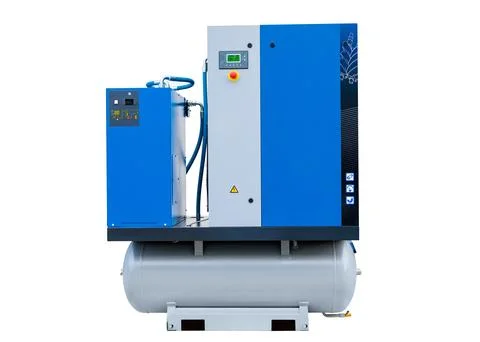 Professional air compressor machine with control panel and tank Stock Photos