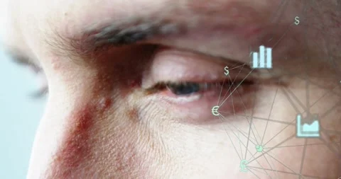 Professional analyzing currency-labeled node network while blinking and Stock Footage 320602699