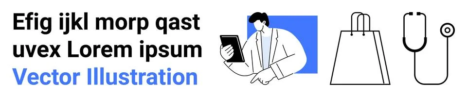 Professional analyzing data on tablet beside shopping bag and stethoscope Stock Illustration