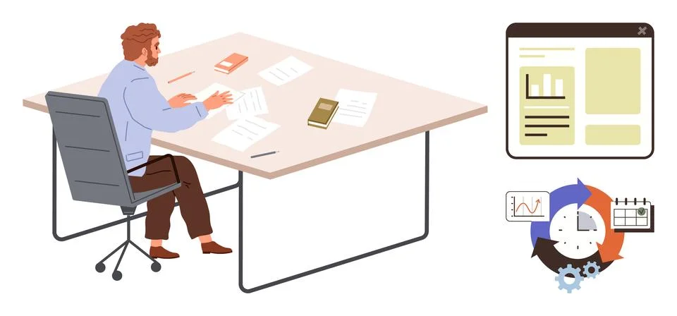 Professional analyzing documents and data at desk with business charts and Stock Illustration