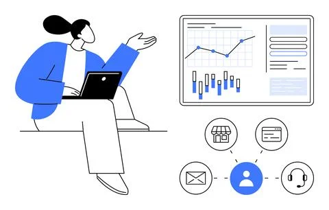 Professional analyzing laptop data large screen displays graphs and analytics Illustrazione stock