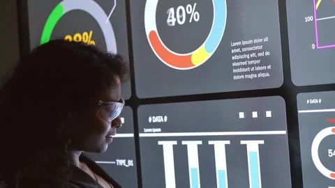 Professional analyzing a large digital dashboard with colorful charts and metric 스톡 동영상 327358891