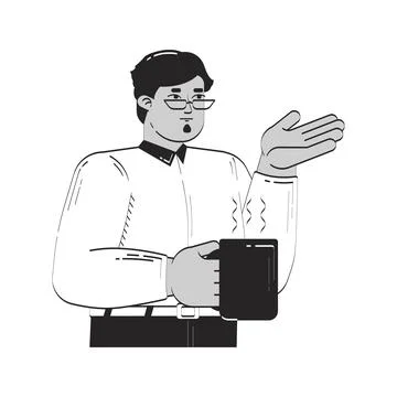 Professional arab man gesturing while holding hot coffee mug doodle linear ch 스톡 일러스트