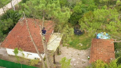 Professional arborist cimbing with chainsaw in a tree in town 16 Video stock 160569801