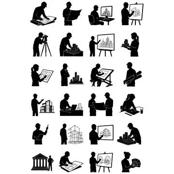 Professional architect and engineer silhouette icons working on blueprints .. Stock Illustration