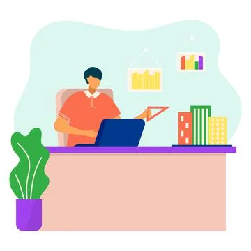 Professional architect character sitting workplace hold triangle ruler with work Ilustración de archivo