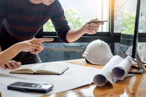 Professional architect designer structural engineer team colleagues working o Fotos de archivo