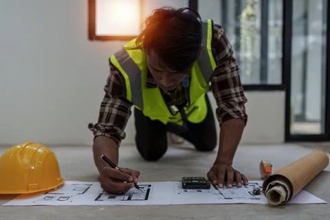 Professional architect designer structural engineer working with blueprint Stock Photos