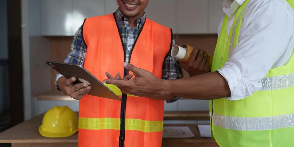 Professional architect designer structural engineer team colleagues discussing Stock Photos