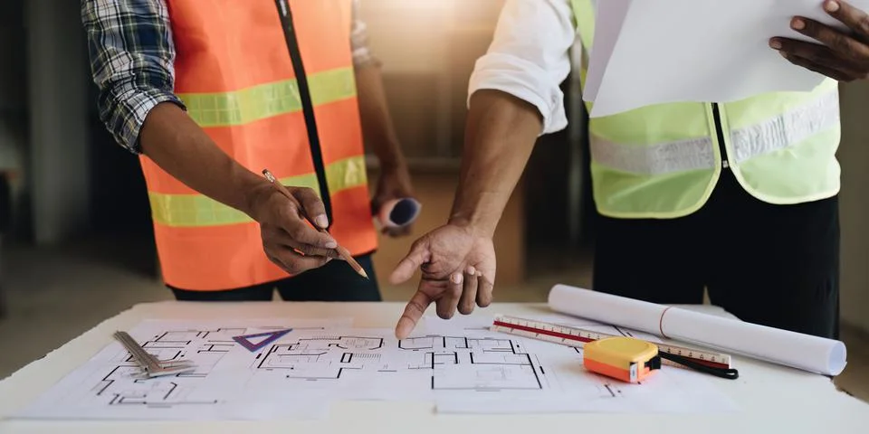 Professional architect designer structural engineer team colleagues discussing Fotos de archivo