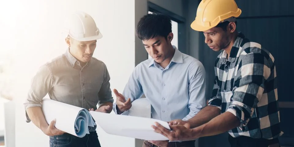 Professional architect designer structural engineer team colleagues discussing Stock Photos