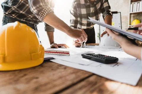 Professional architect designer structural engineer team colleagues working Fotos de archivo