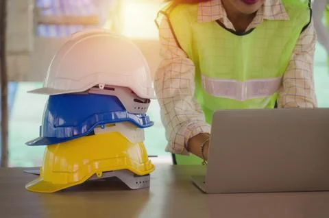 Professional architect, engineer or interior hands working with laptop and sa Stock Photos