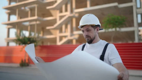 Professional architect in a hard hat holding a blueprint and overseeing the.. Stock Footage 341333314