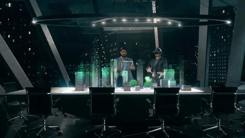 Professional Architect Wears AR Headset behind Futuristic Table with Holograms Stock Footage 140228753