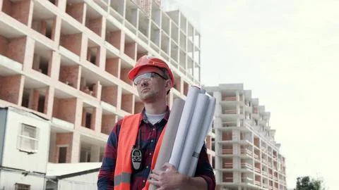 Professional architect working at construction site outside Stock Photos