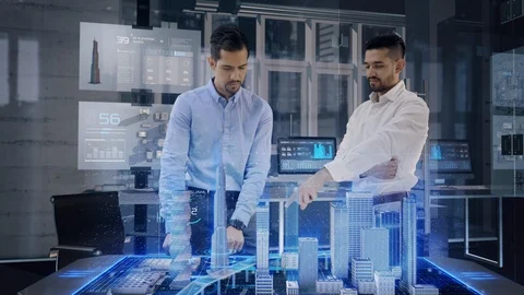 Professional Architects Work with Holographic Augmented Reality 3D City Model Stock Footage 105602670