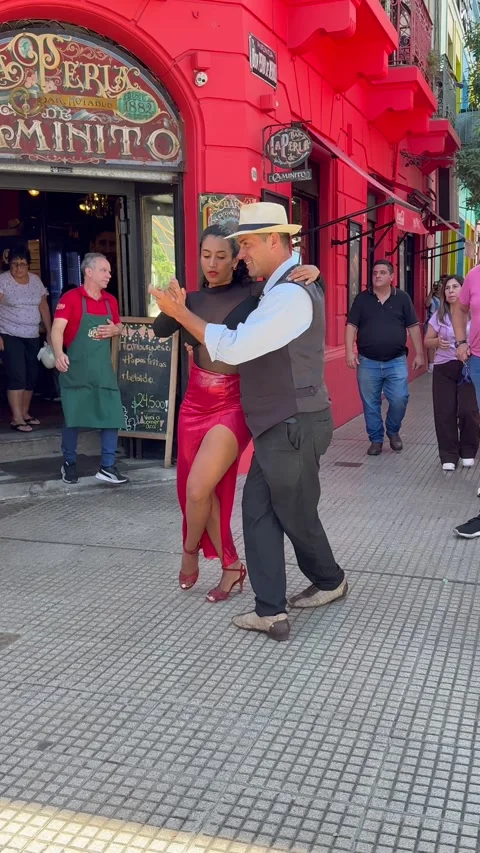Professional Argentine Tango Performance on Caminito Street, Buenos Aires Stock Footage 339432242