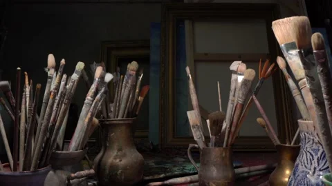 Professional art Studio. Brushes, paints, palette, canvas, easel. Creativity Video stock 138480768