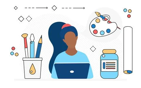 Professional artist work process, tools, art studio agency, designer with Stock Illustration