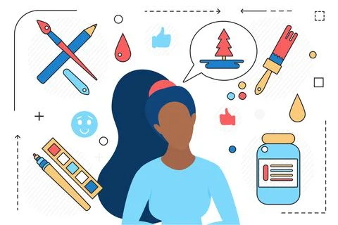 Professional artist work process, tools, art studio agency, designer with Stock Illustration