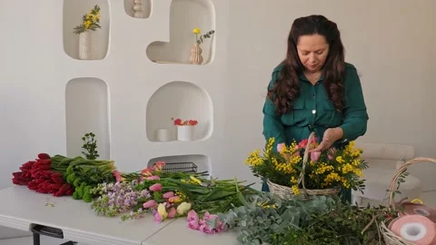 A professional assembles flower arrangement with mimosa and tulip. Stock Footage 237623879