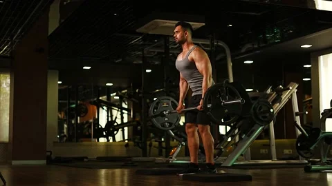 Professional athlete bodybuilder working out in the indoor gym. weight liftin Stock Footage 162655704