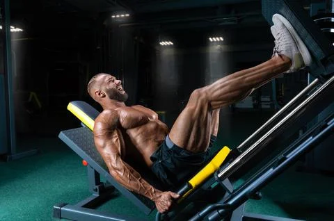 Professional athlete performs a leg exercise. Bodybuilding, fitness, sports.. Stock Photos
