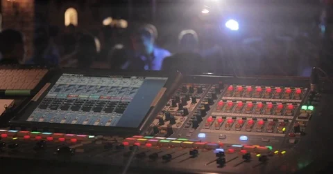 Professional audio mixing console with faders and adjusting knobs Video stock 76264659