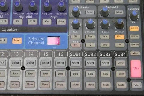 Professional audio operator working on audio mixer knobs during live TV telec Stockfoto's