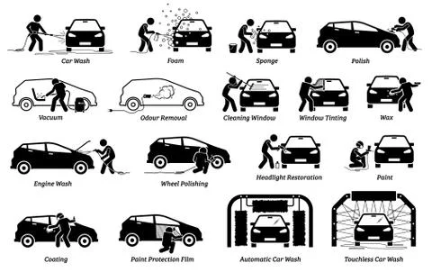 Professional auto car detailer icons set. Vector illustrations of auto car de Stock Illustration