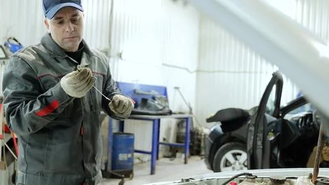 Professional auto mechanic checking engine oil level with dipstick, wearing Stock Photos