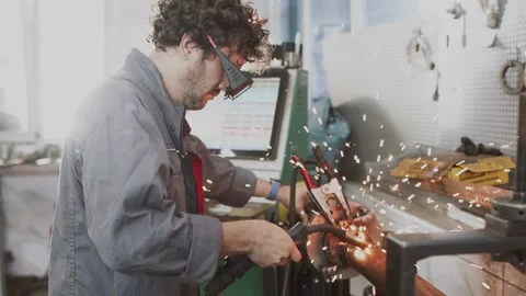Professional auto mechanic posing with equipment at workplace Stock Footage 139558740