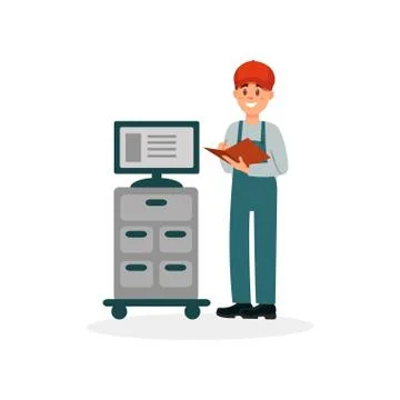Professional auto mechanic standing next to computer, car diagnostic, analyzing 스톡 일러스트