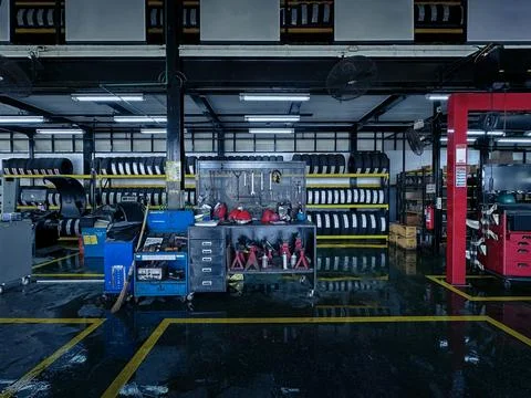 Professional auto repair workshop interior with tires and tools background. Stock Photos