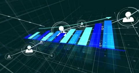 Professional avatar nodes and bar chart responding to sweeping blue line, Stock Illustration