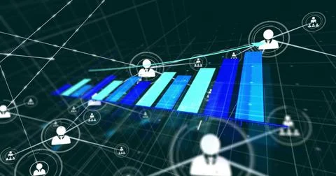 Professional avatar nodes and bar chart responding to sweeping blue line, Stock Illustration