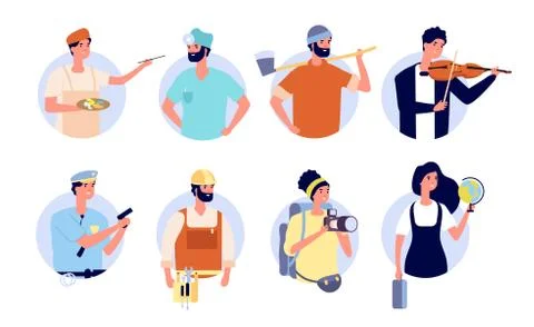 Professional avatars. Different profession people with work tools and equipment Stock Illustration