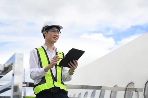 Professional aviation engineer using digital tablet while standing on staircase Stock Photos