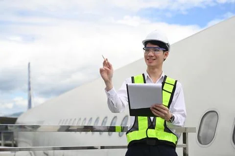 Professional aviation engineer using digital tablet on staircase or platform 스톡 사진