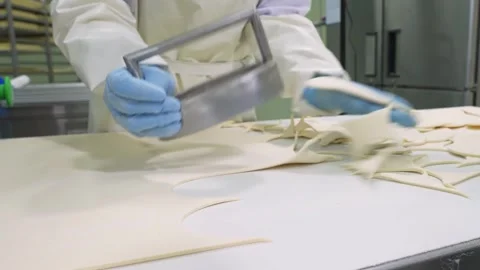 Professional Baker Cutting Pie Dough with Industrial Metal Cutter in Commercial Stock Footage 337751351