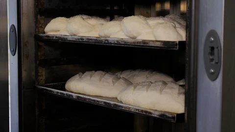 A professional baker putting a tray full of bread in a large oven for baking Stock Footage 108098353