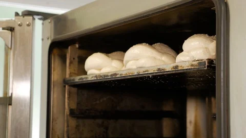 A professional baker putting a tray full of bread in a large industrial oven Stock Footage 108634727