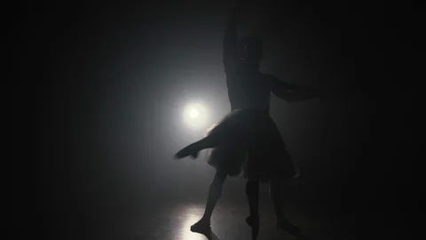Professional ballet couple dancing in spotlights smoke on big stage. Stock Footage 127587702