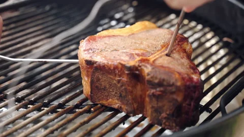 Professional barbecue man checking meat steak readiness putting thin thermometer Stock-Footage 164398309