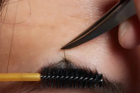 Professional barber doing threading procedure and correcting shape of eyebrows Stock Photos