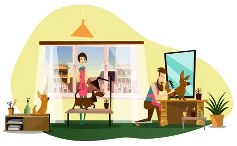 Professional barber working at pets grooming salon Stock Illustration