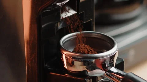 Professional barista worker use grinder machine to grind fresh coffee beans for Vidéo 246320692